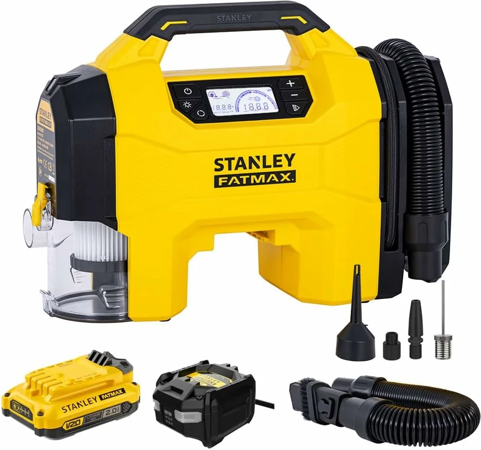 Kompresor/Inflator 3-n-1 Stanley SXVI02001-A, 12V/18V, 1-10 bar, bateri Li-ion 2Ah + karikues, e verdhë/zezë