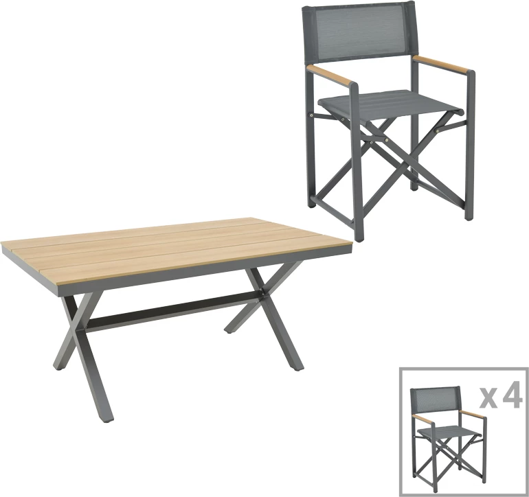 Set tavoline me karrige për terasë Mabu-Thorio, alumin anthracite dhe plywood natyral, 160x90x75cm, 5 pjesë