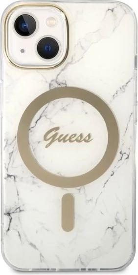 Set mbështjellës Guess Marble Collection me karikues wireless MagSafe për iPhone 14 6.1", Bardhë