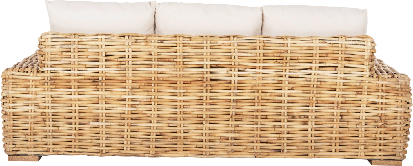 Divan për jashtë, 3 ulëse, dru mango-ratan, ngjyrë natyrale, jastëkë të bardhë, 216x88x70-85H cm