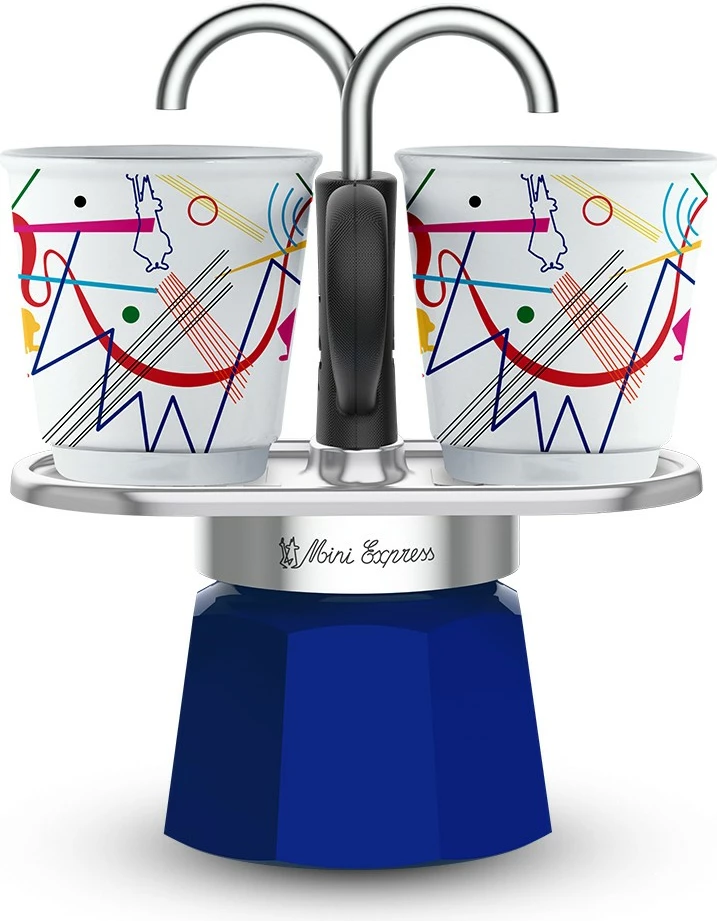 Moka pot Bialetti Mini Express, 2 filxhana, alumini, blu, argjend