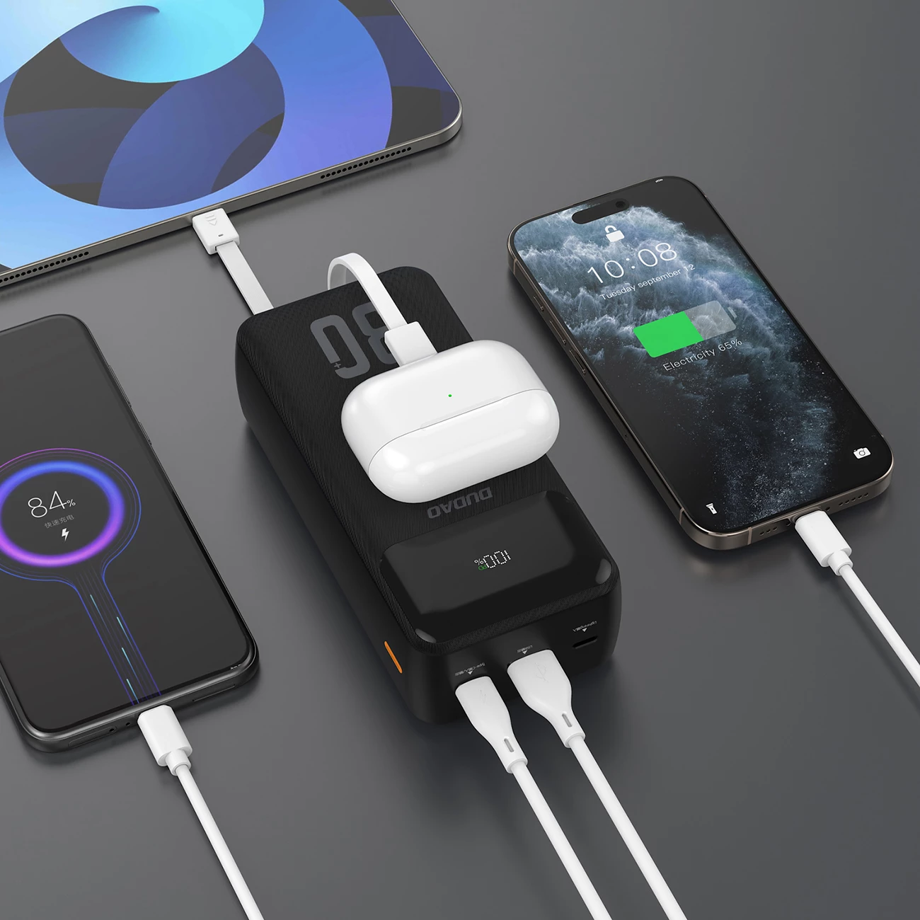 Powerbank Dudao K15MAX, 30000mAh, 22.5W, me kabllo të integruara, e zezë