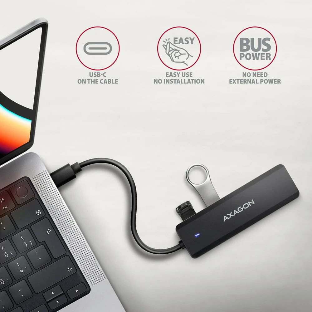 Hub USB AXAGON HUE-C1C, 4 porta, USB 5Gbps, kabllo Type-C 19cm, furnizim shtesë me USB-C, i zi