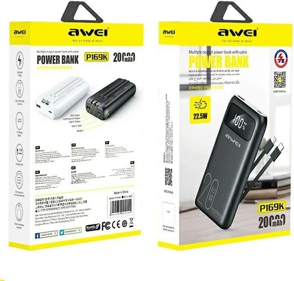Powerbank AWEI P169K, 20000mAh, 22.5W, USB-C+Lightning, i zi