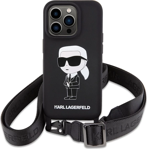 Mbështjellës Karl Lagerfeld KLHCP15XSCBSKNK për iPhone 15 Pro Max 6.7", silikoni, me rrip, zi