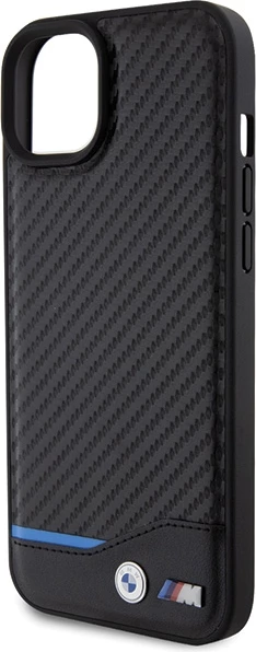 Mbështjellës BMW Leather Carbon për iPhone 15 Plus, i zi