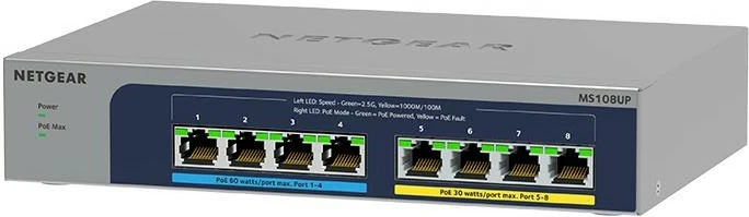 Switch NETGEAR MS108UP, 2.5G Ethernet, PoE, Montim në mur