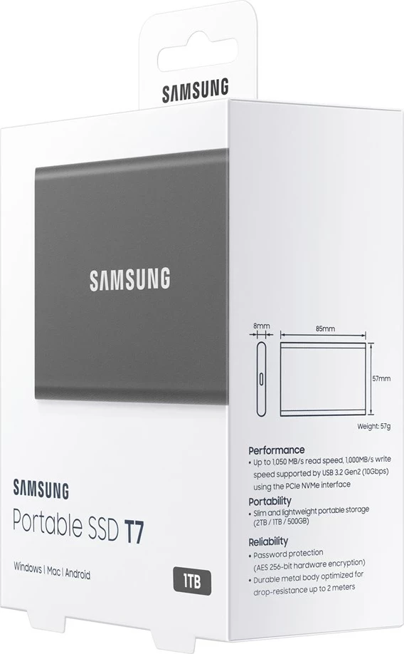 Disk SSD i jashtëm Samsung Portable T7, 1 TB, USB- C, hiri