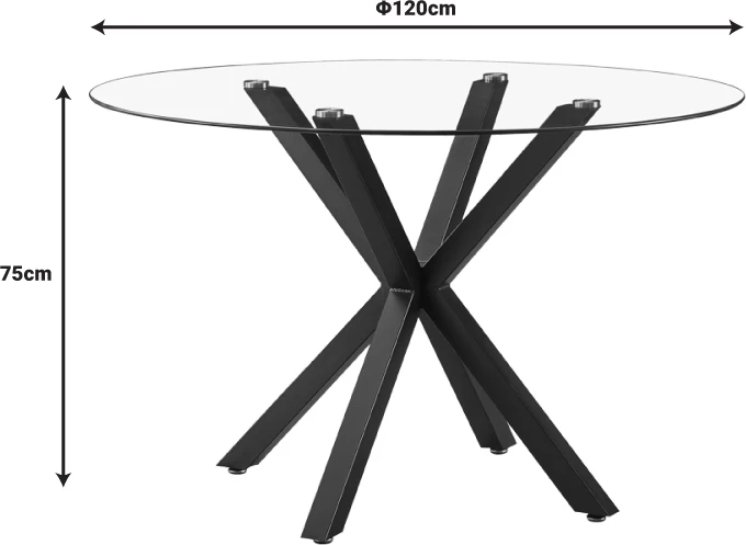 Tavolinë kuzhine Tavula qelq-metal me këmbë metalike të zeza D120x75cm
