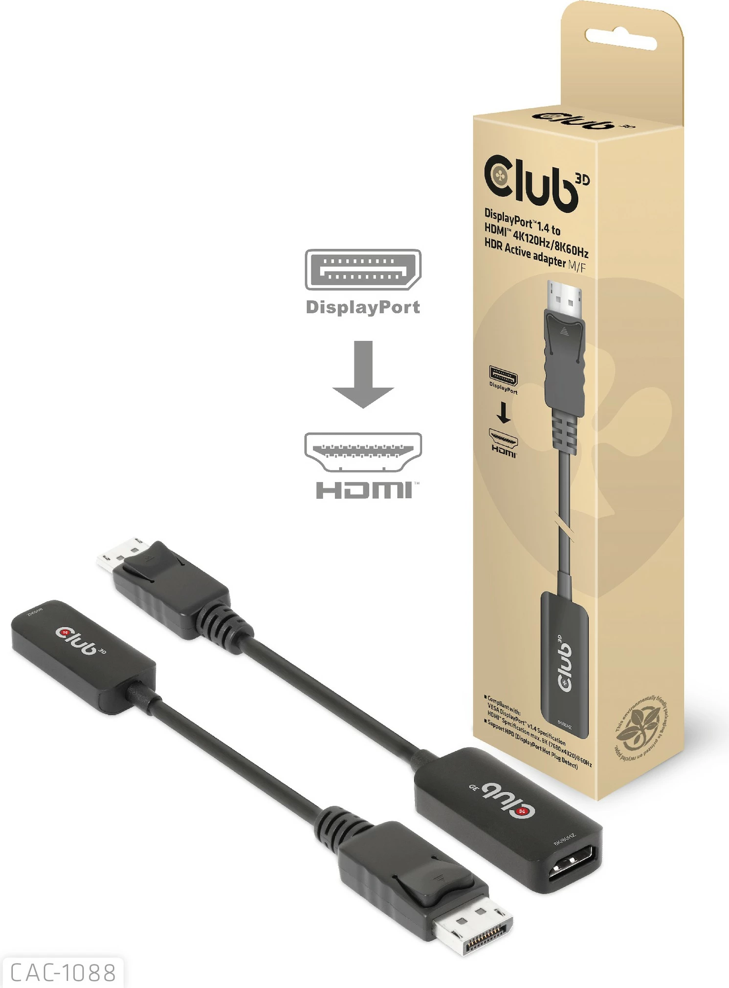 Adapter Club3D DisplayPort 1.4 n’HDMI, HDR, 8K60Hz, i zi