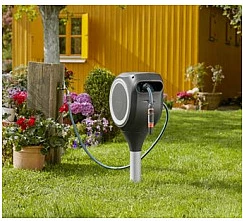 Kasetë automatike për zorrë uji Gardena RollUp M, 20m, 0-360°, e zezë/gri