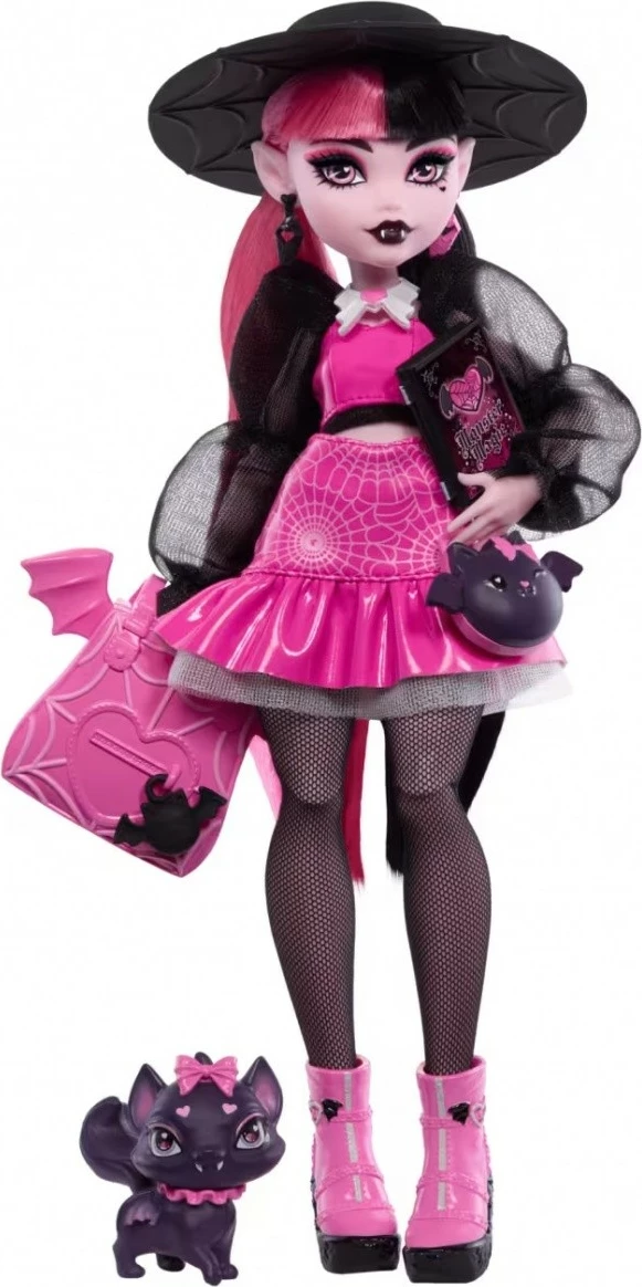 Kukull Monster High Mattel Draculaura HRP64 me aksesorë, rozë/zezë, me Count Fabulous