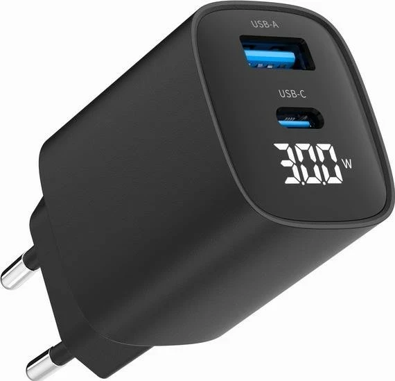Mbushës Gembird USB QC3.0 Type-C 30W PD LCD, i zi