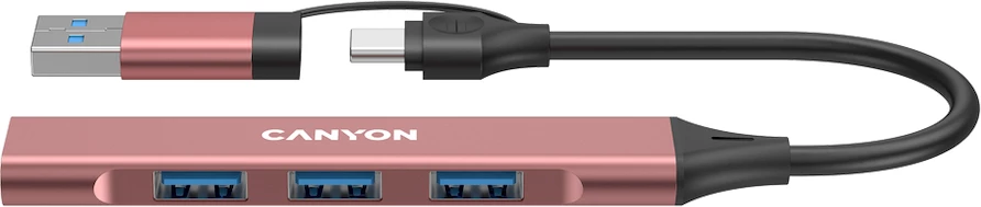 USB hub CANYON DS-02 4në1 USB-C në 4x USB-A (1x USB 3.0 + 3x USB 2.0), kabllo 15 cm, rozë
