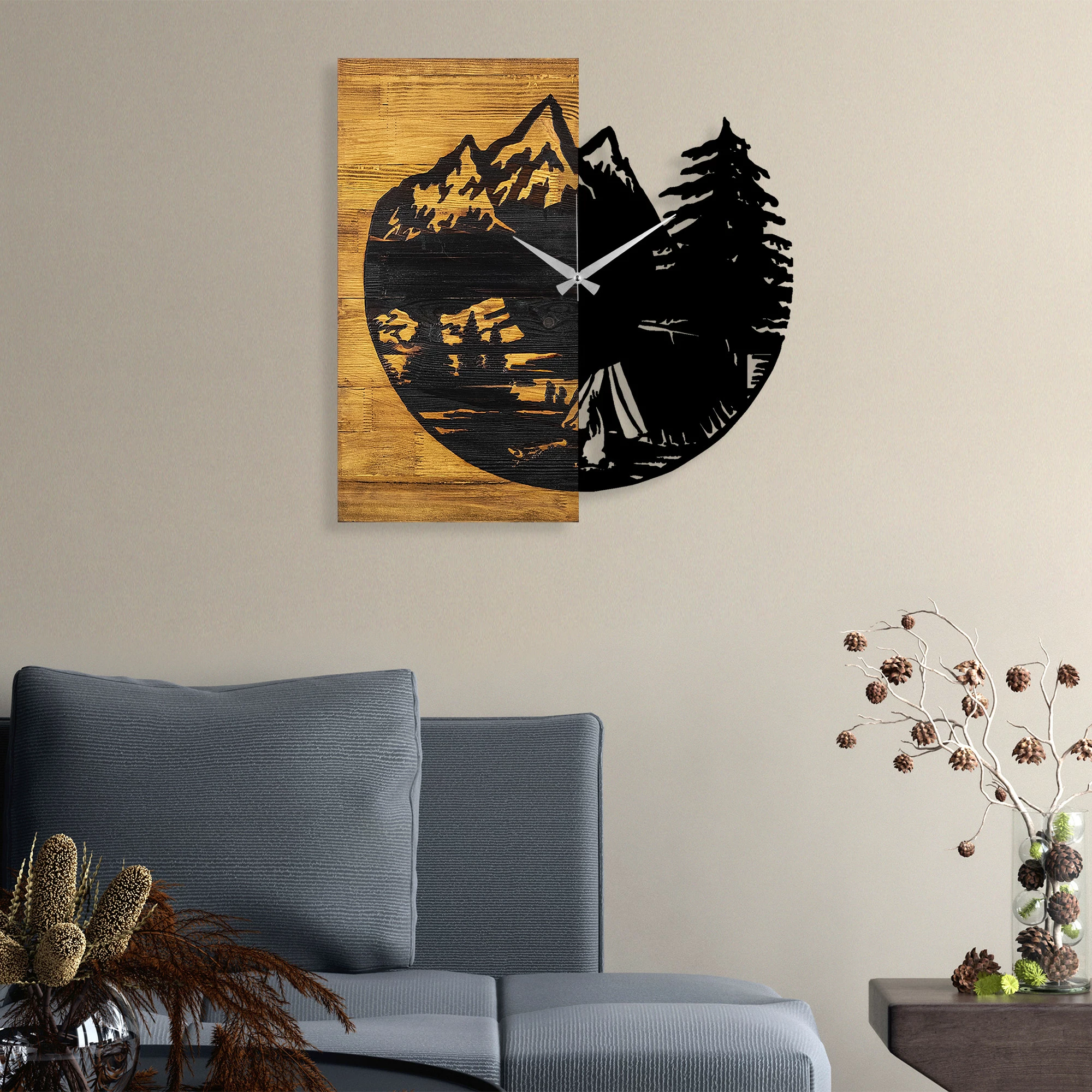 Orë muri dekorative prej druri, Wallity, ngjyrë arre dhe e zezë, 56x3x58cm