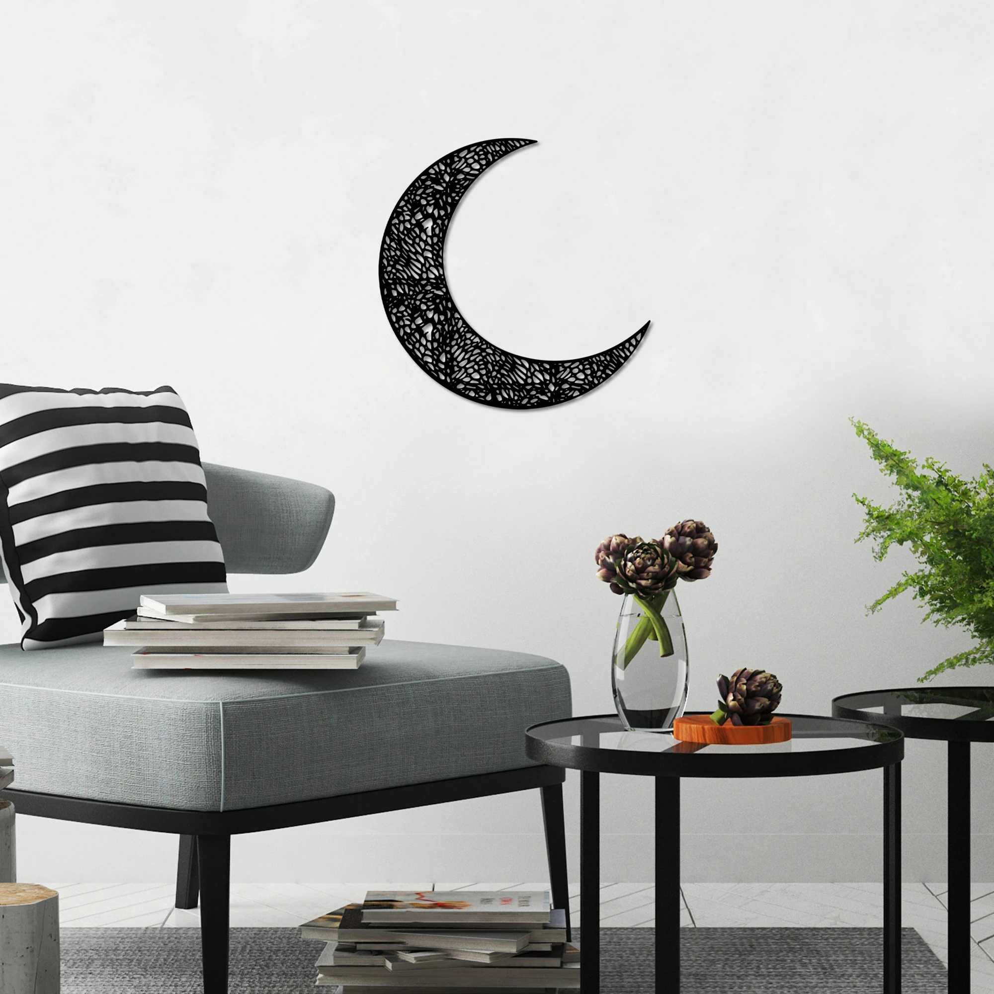 Aksesor dekorativ muri prej metali, gjysmëhëna 3, Wallity, ngjyrë e zezë, 49x49cm