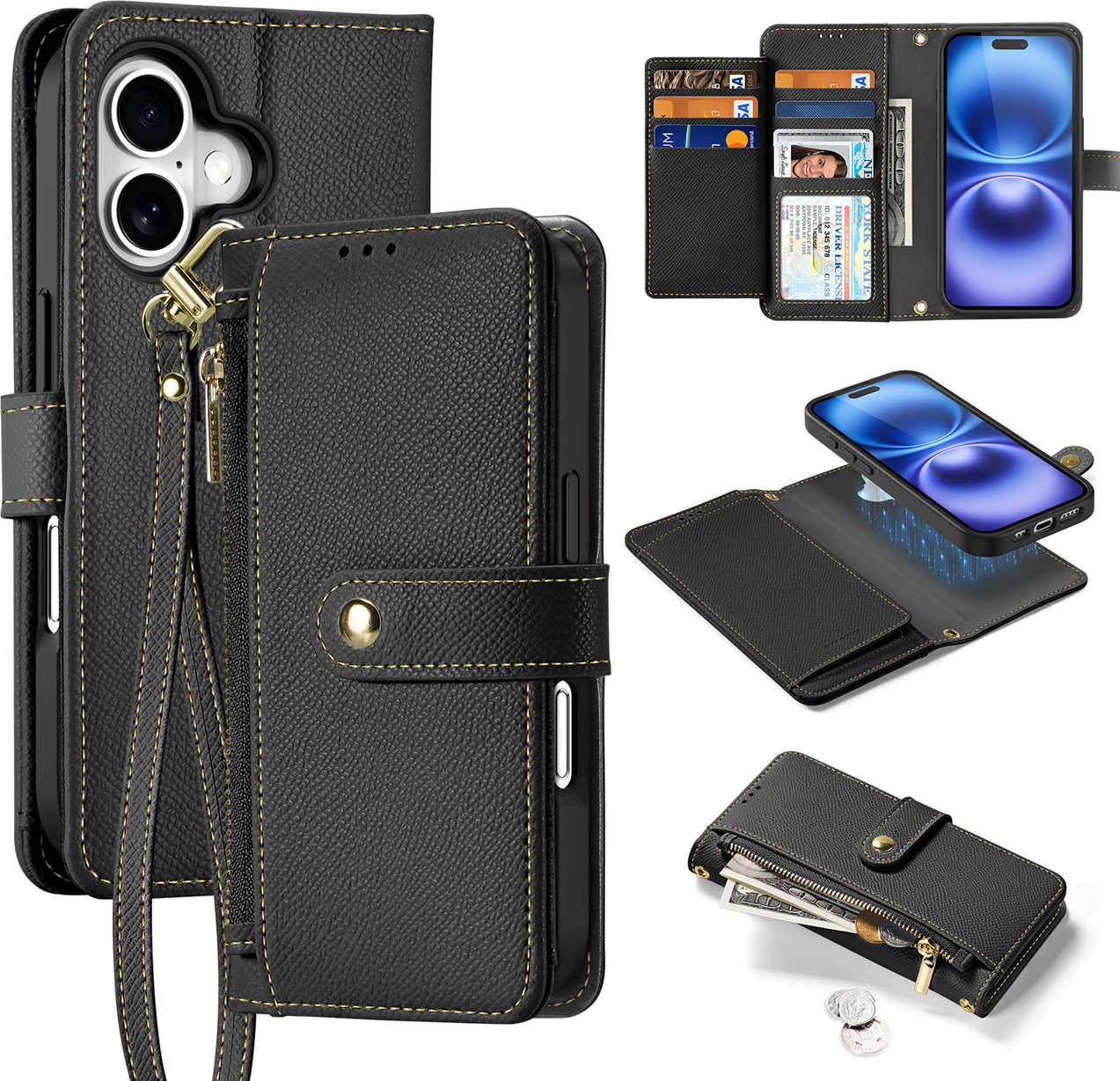 Mbështjellës Dux Ducis Lawa për iPhone 16, me portofol magnetik, lëkurë, e zezë