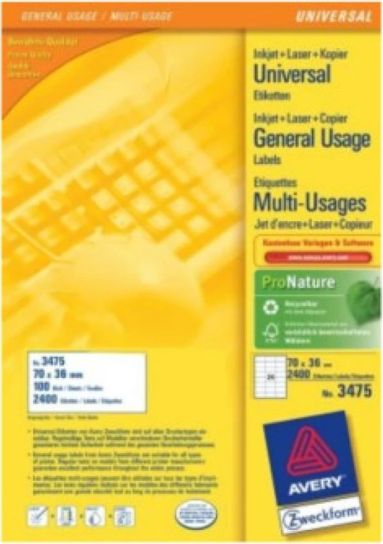 Etiketa universale, Avery Zweckform 3475, 70 x 36 mm, A4, 24 etiketa/fletë, 100 fletë, 2400 etiketa, e bardhë