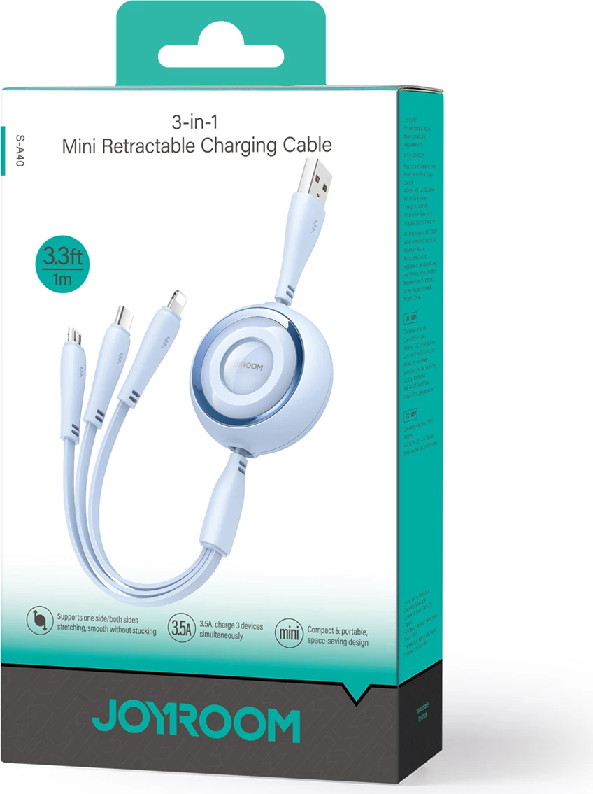 Kabllo retraktues 3-në-1 Joyroom S-A40, 1m, USB-A në USB-C/Lightning/Micro USB, kaltër