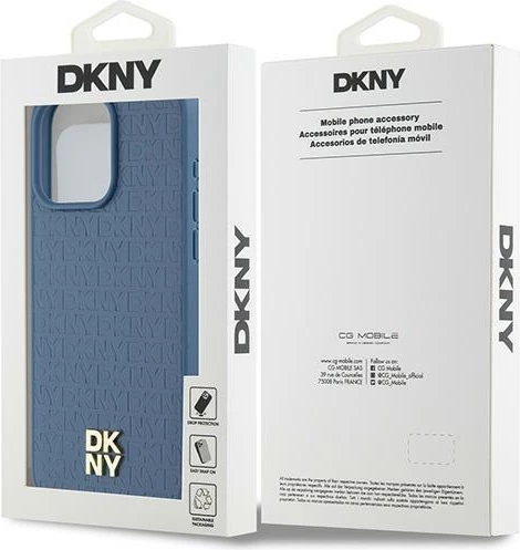 Mbështjellës DKNY Leather Monogram Pattern Metal Logo MagSafe për iPhone 15 Pro Max, Kaltër