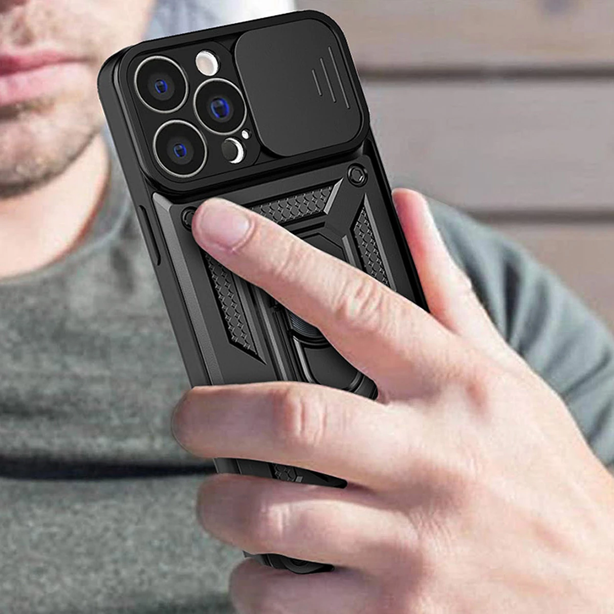 Mbështjellës Hurtel Hybrid Armor Camshield për Realme 10 Pro+, me mbulesë kamere, unazë metalike, i zi