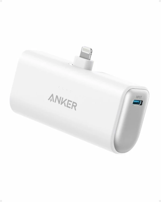 Powerbank Anker Nano 621 5000 mAh 12W me Lightning të integrum, i bardhë, me kabllo USB-C në USB-C 60 cm