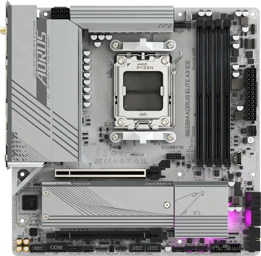 Pllakë amë Gigabyte B650M AORUS ELITE AX ICE, Socket AM5, DDR5, PCIe 5.0, WiFi 6E, argjendtë