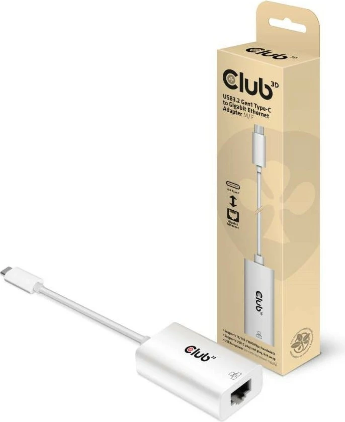 Adapter Club3D USB-C në RJ-45 Gigabit LAN, i bardhë