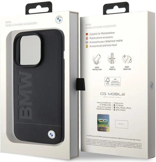 Mbështjellës BMW Leather Hot Stamp MagSafe për iPhone 15 Pro, i zi