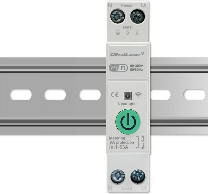 Relé Wi-Fi Qoltec 50881 për shina DIN, matës energjie, 63A, e bardhë