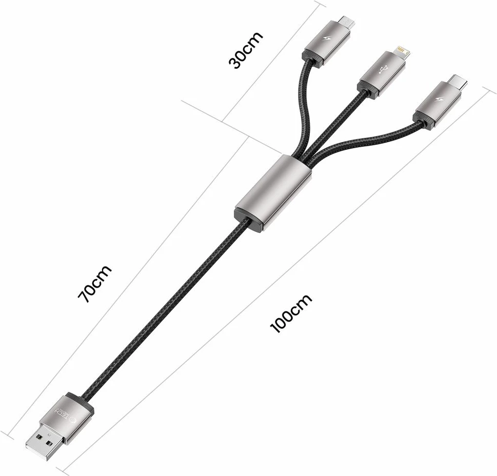 Kabllo 3-në-1 Tech-Protect UltraBoost, 1m, USB-A në Lightning/USB-C/Micro USB, Gri