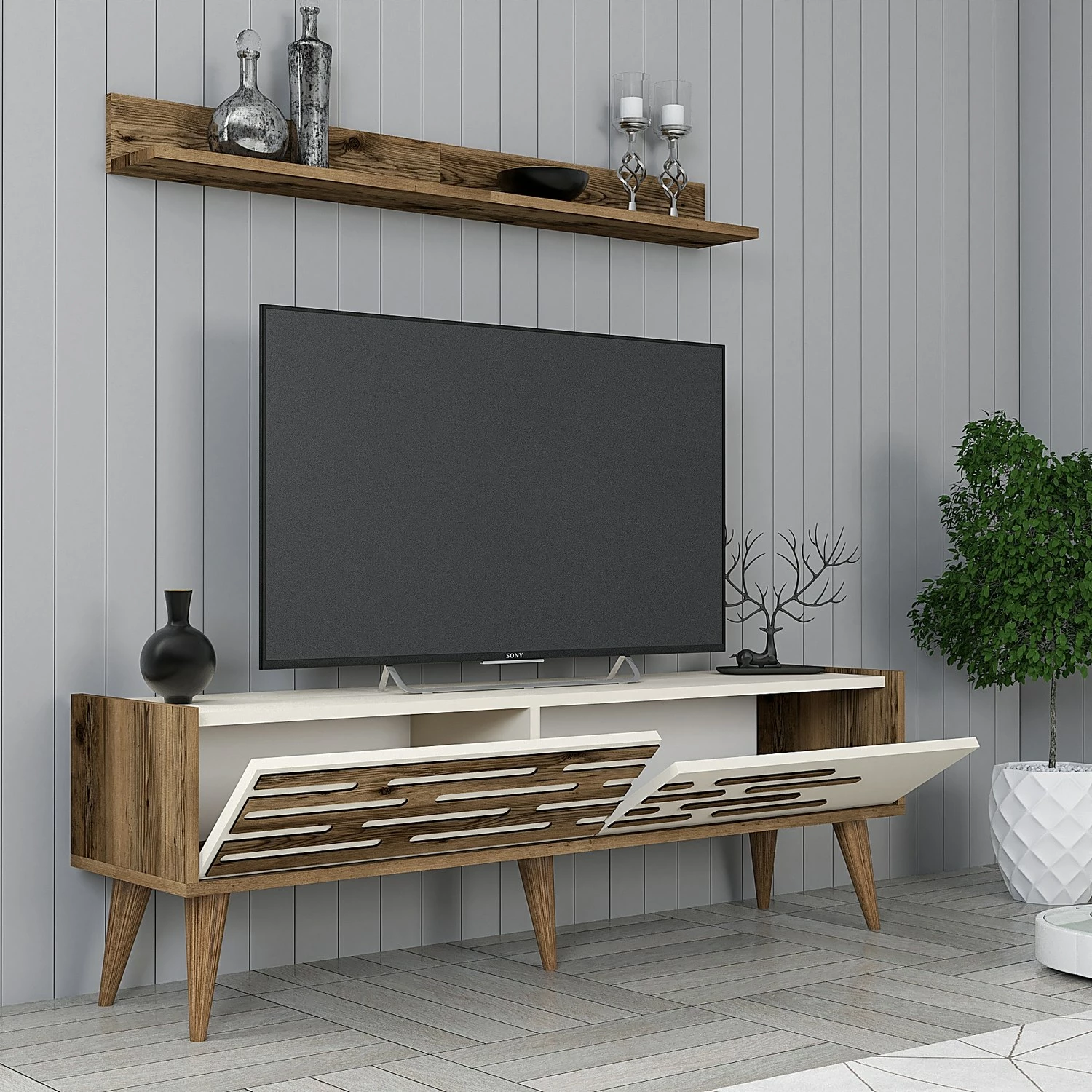 Set mobiljesh për dhomë dite, Skye Decor, Valensiya 140, ngjyrë arre, krem