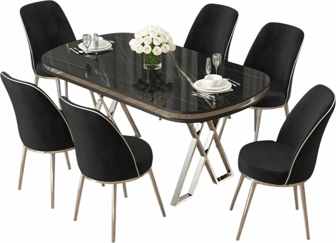 Set tavolinë me karrige për ngrënie, 7 copë, Skye Decor, ngjyrë mermeri të zi, krom, e zezë