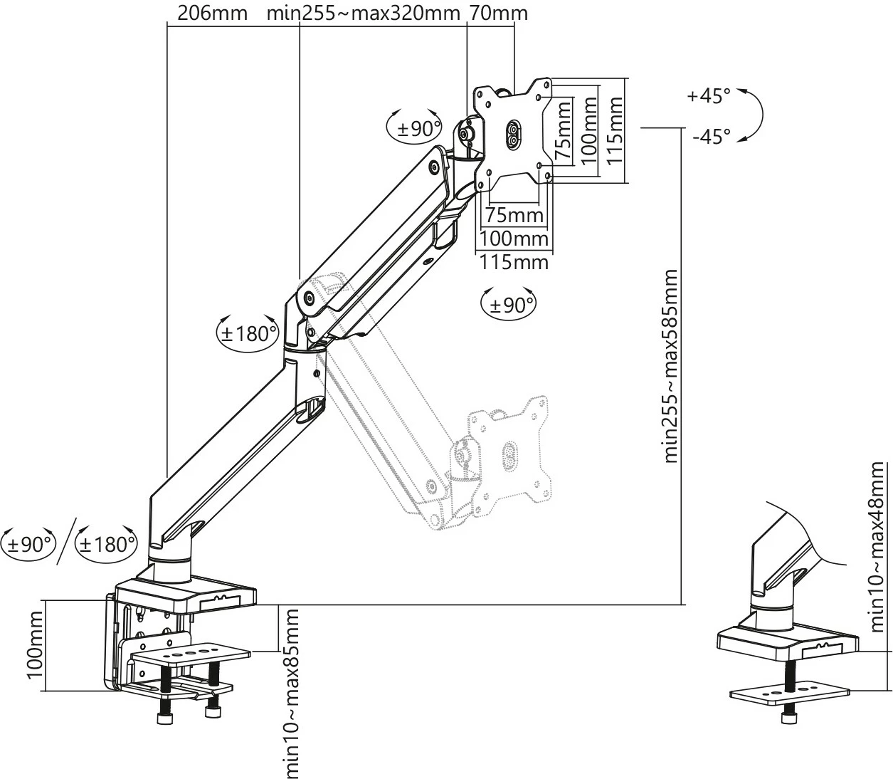 Mbajtës monitori Digitus Universal, Gas Spring dhe Clamp Mount, 15" deri në 35"