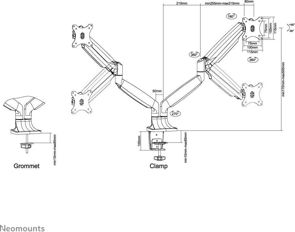 Krah monitori Newstar Neomounts NM-D750DBLACK, për 2 ekrane, gas spring, VESA 100x100, i zi
