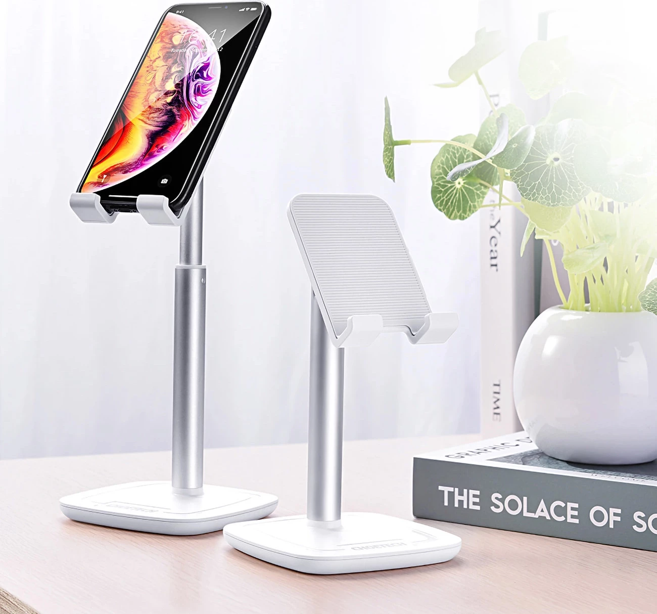 Mbajtëse telefoni/tableti Choetech H035, alumini, e bardhë dhe argjendtë, rregullim këndi dhe lartësie