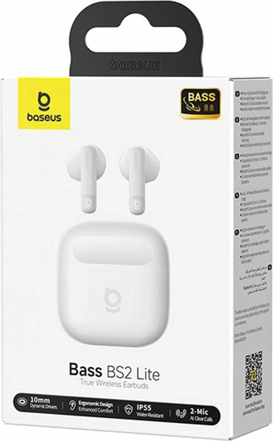 Kufje Baseus Bass BS2 Lite TWS 10mm SuperBass IP55 Bluetooth 6.0 USB-C 7h, të bardha
