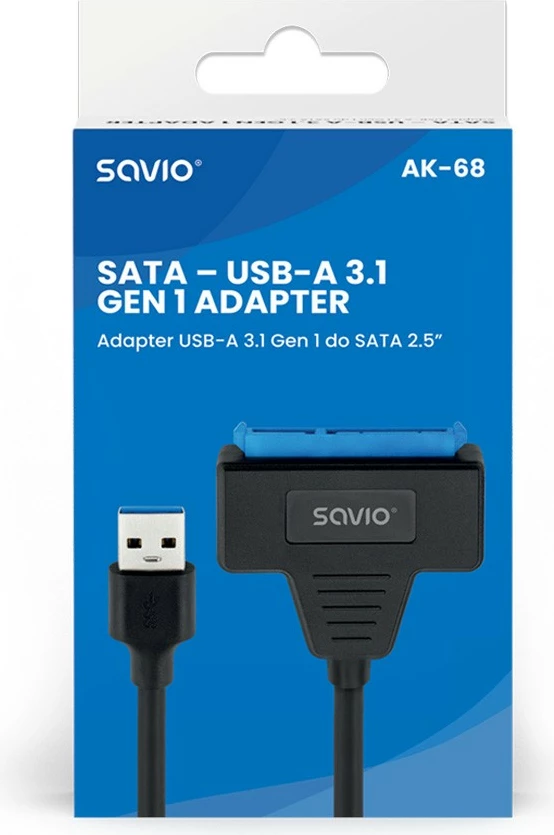 Adapter Savio AK-68, USB-A 3.1 Gen 1 në SATA për disqe 2.5 inç, i zi