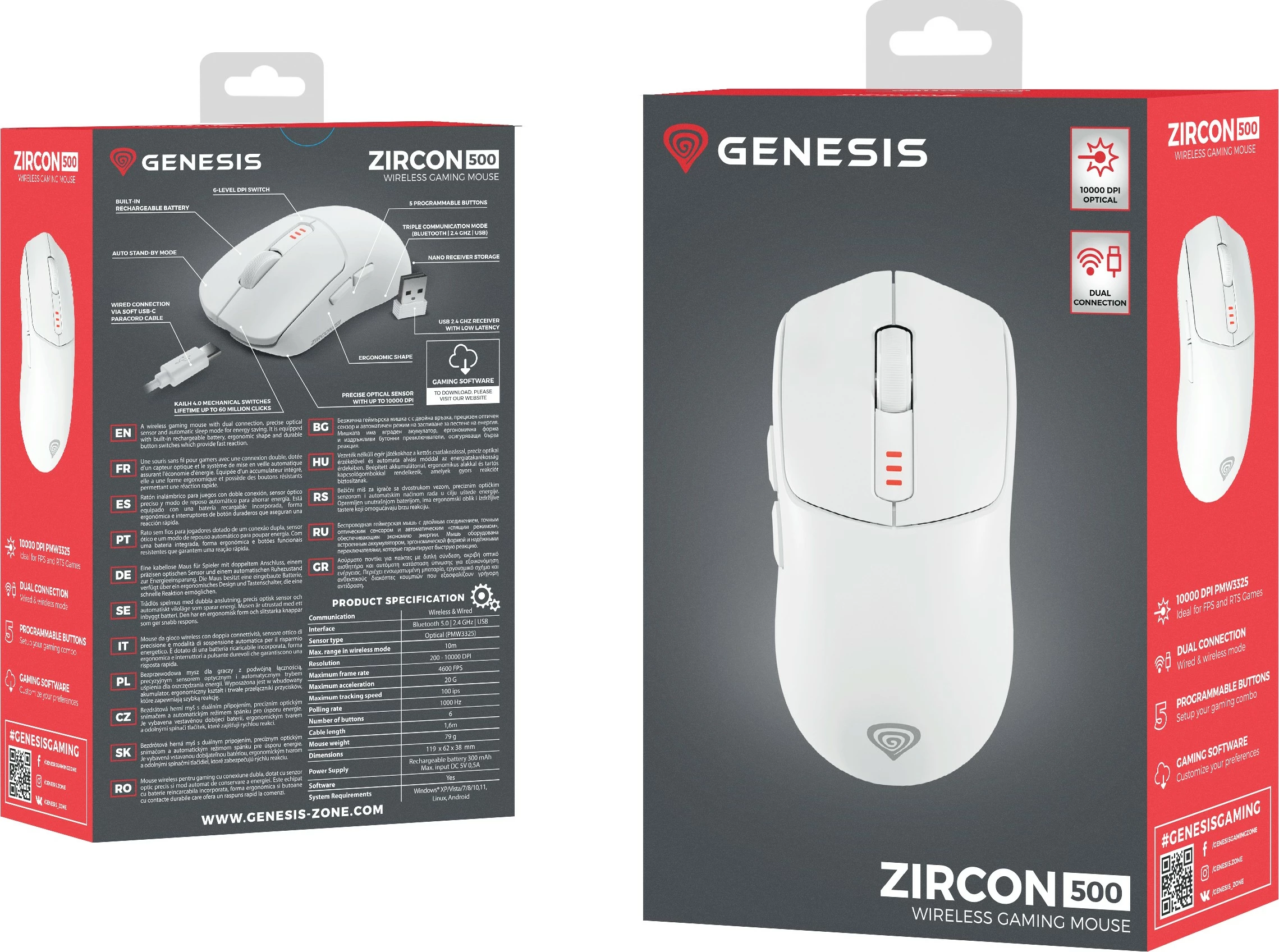 Maus gaming Genesis Zircon 500, wireless, 10000 DPI, i bardhë
