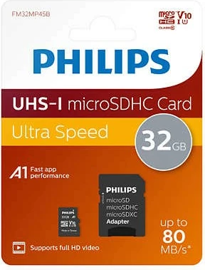 Kartelë microSD Philips 32GB Class 10 UHS-I U1 me adapter, e zezë
