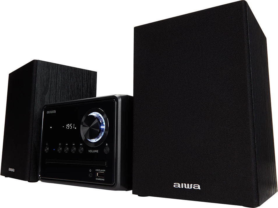 Mikrosistem Hi‑Fi Aiwa MSBTU-300, Bluetooth 4.2, CD/USB/FM, 2x10 W, e zezë, set me 2 altoparlantë