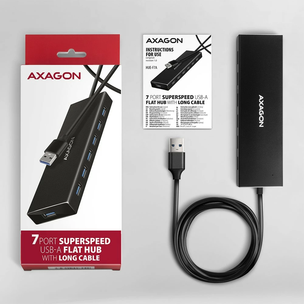 Hub USB AXAGON HUE-F7A, 7 porta, USB 3.2 Gen 1, alumini, 1m kabllo, i zi