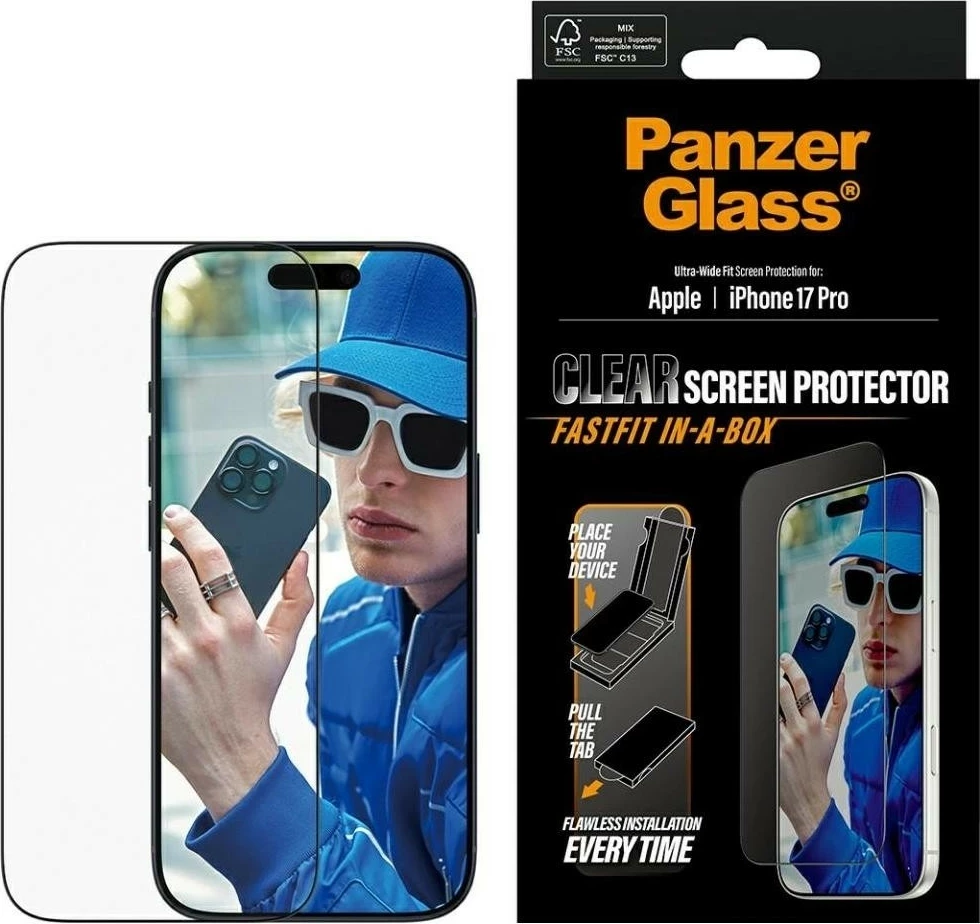 Xham mbrojtës PanzerGlass Ultra-Wide Fit Fastfit për iPhone 17 Pro transparent