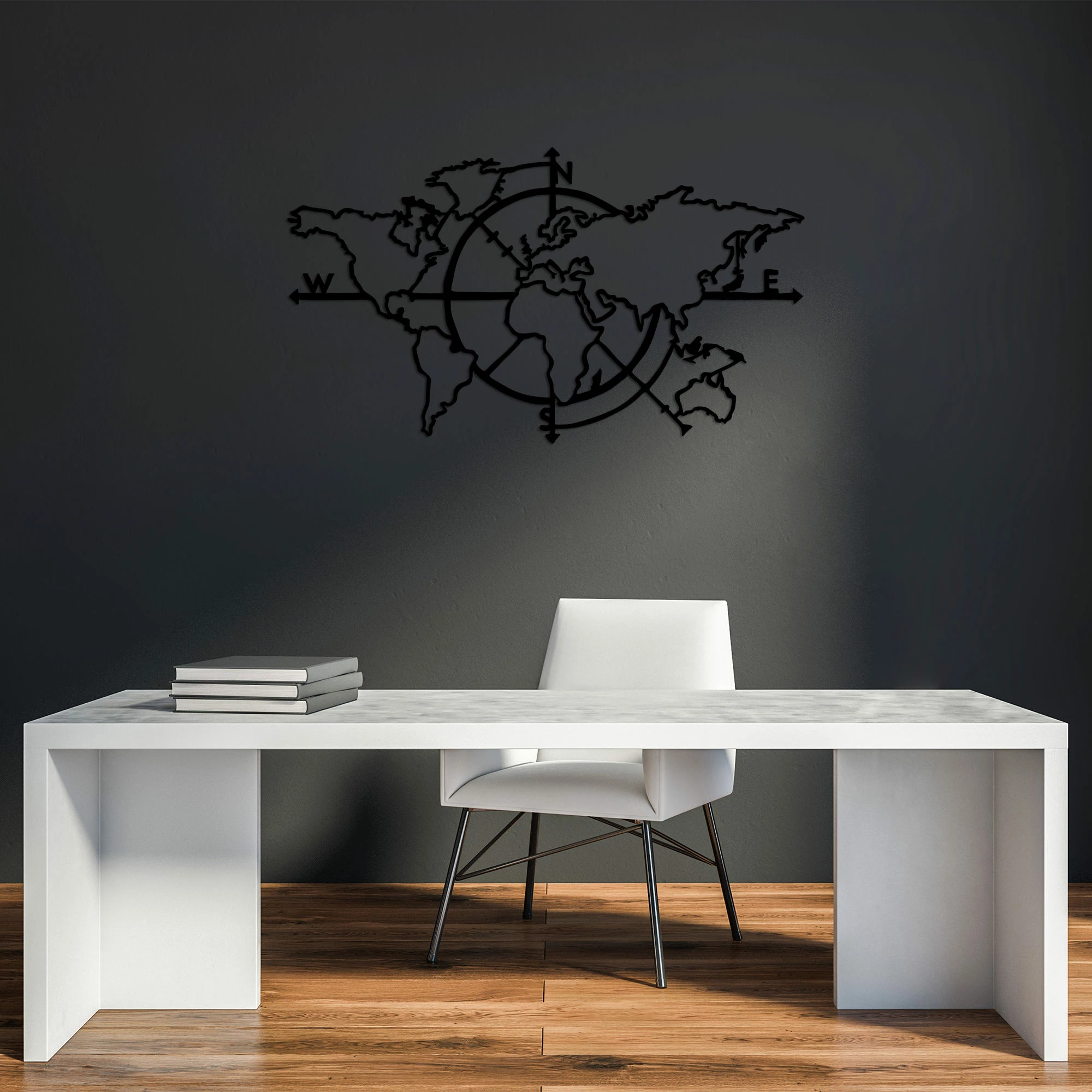 Aksesor dekorativ muri prej metali, hartë bote, Wallity, World Map 8, ngjyrë e zezë, 118x68cm
