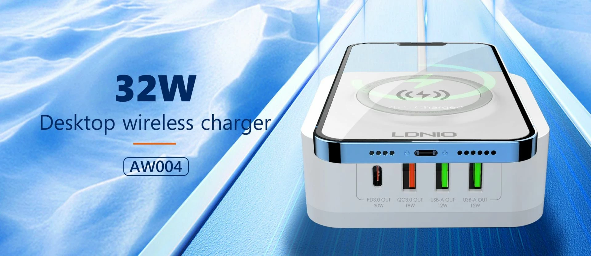 Karikues wireless LDNIO AW004, 32W, 3x USB-A + 1x USB-C, PD/QC, i bardhë