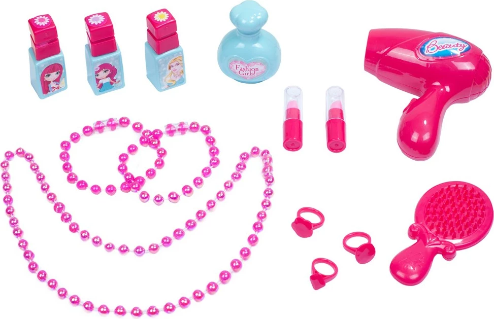 set tualeti fëmijësh 2-në-1 në valixhe, BABY MIX, me pasqyrë me dritë e tingull, aksesorë lojë, rozë