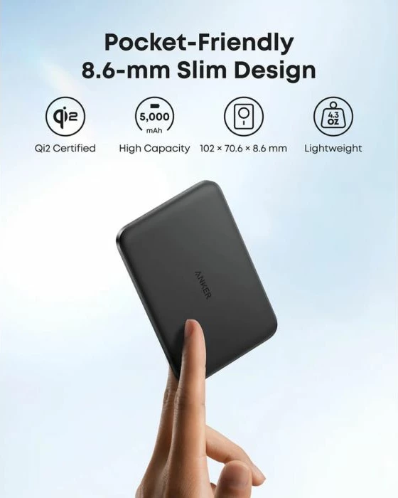 Power bank ANKER Nano A1665H11 5000 mAh ultra i hollë magnetik Qi2/MagSafe 15W pa kabllo, 20W USB-C, i zi