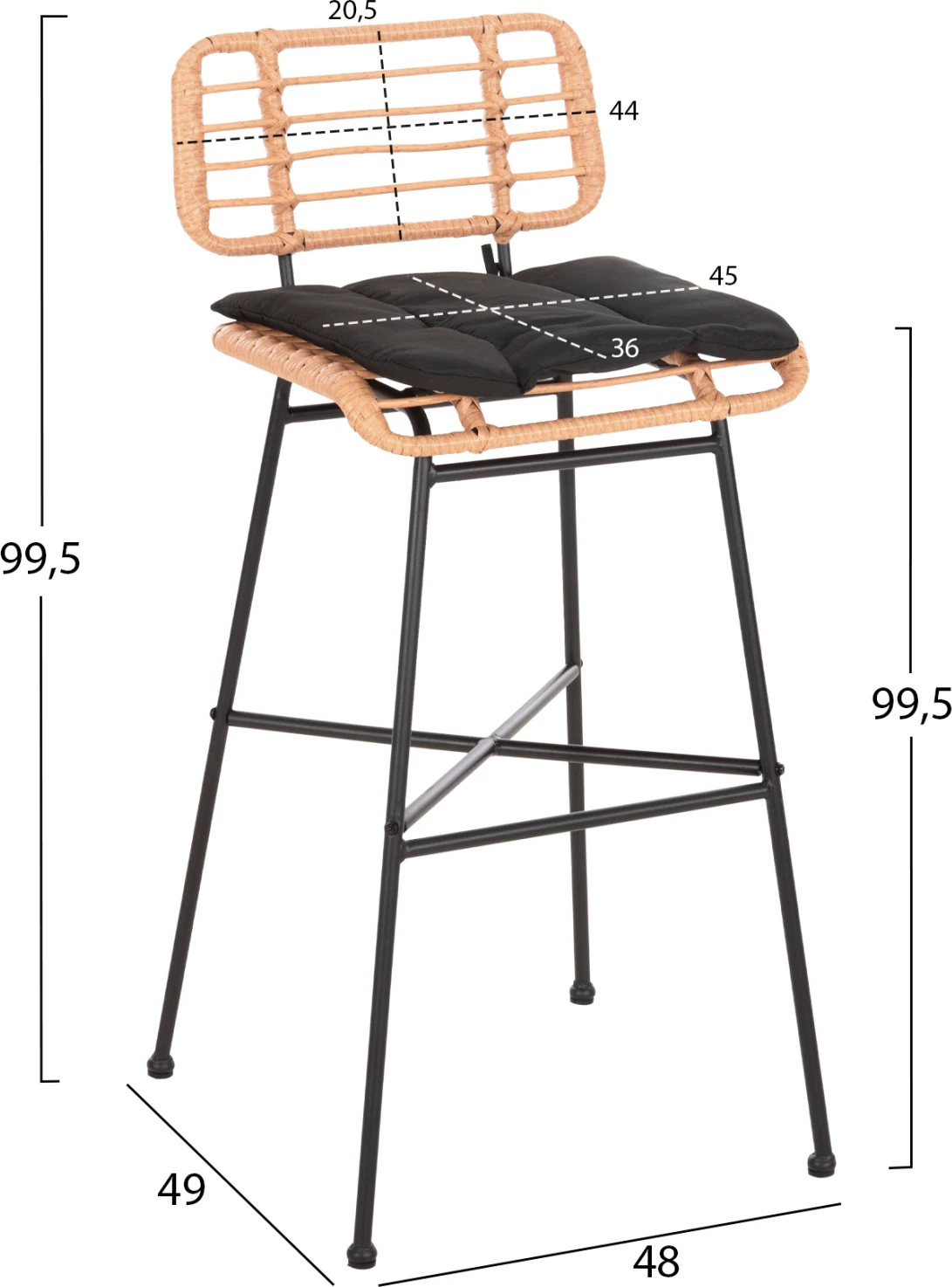 Karrige për bar me vend të lartë ALLEGRA FH5708.11 metalike & jastëk në ngjyrë të zezë-bezhë, 48x49x99,5H cm