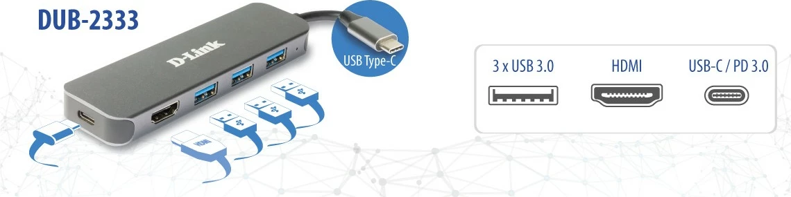 Hub USB-C D-Link DUB-2333, 5-in-1, 60 W, Gri