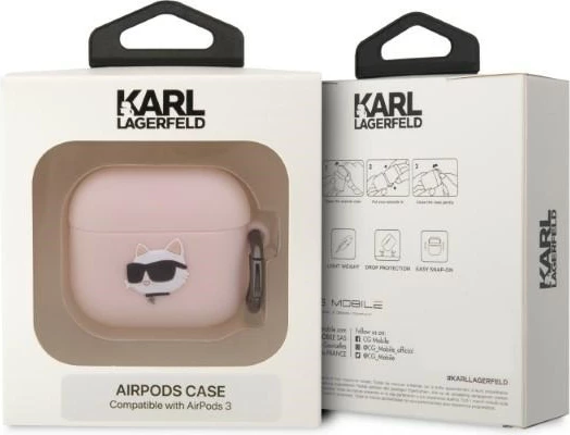 Mbështjellës Karl Lagerfeld për AirPods 3, Silicone Choupette Head 3D, Rozë